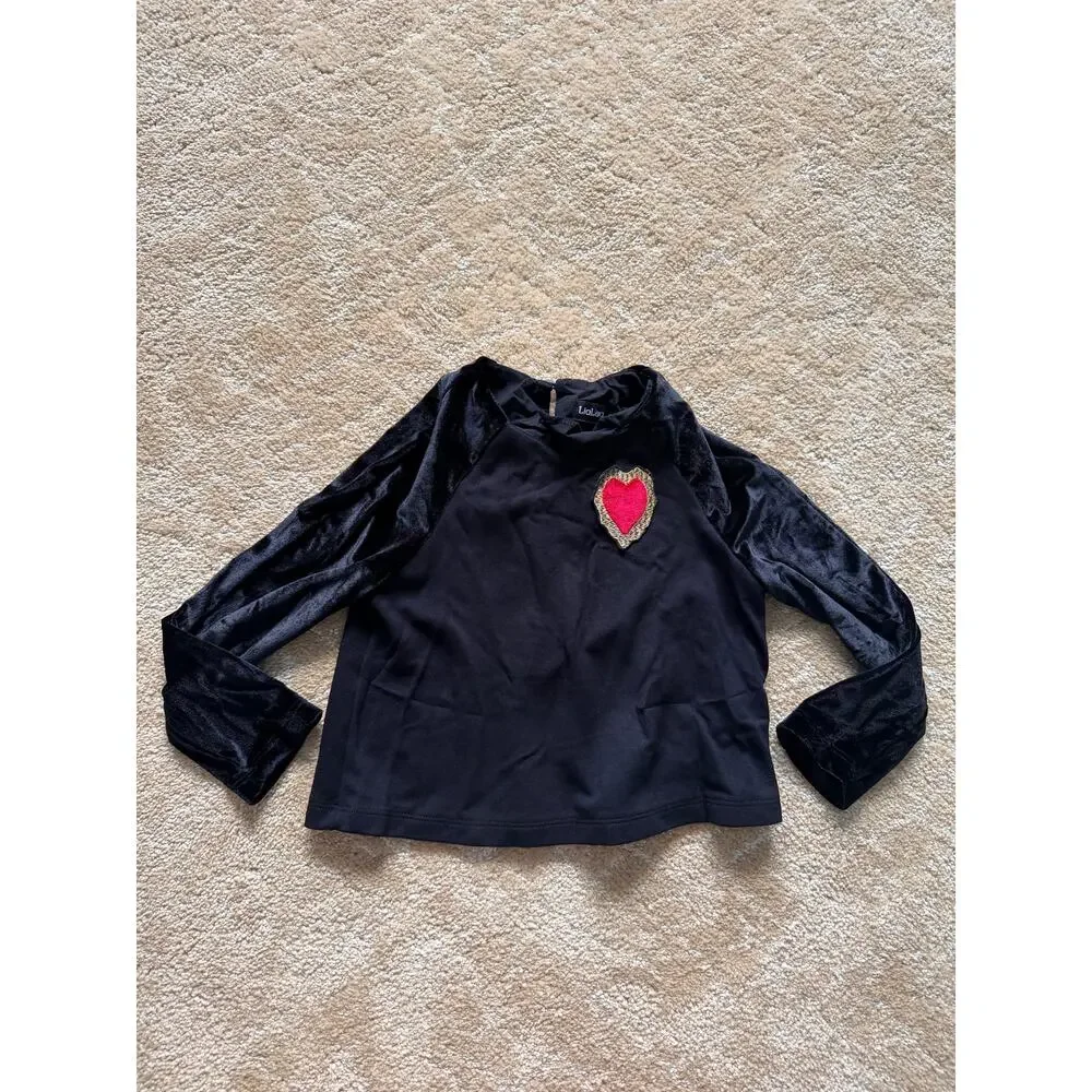 LiaLea Black Velvet Sleeve Shirt with Removable Heart Patch Pin Size 5-6